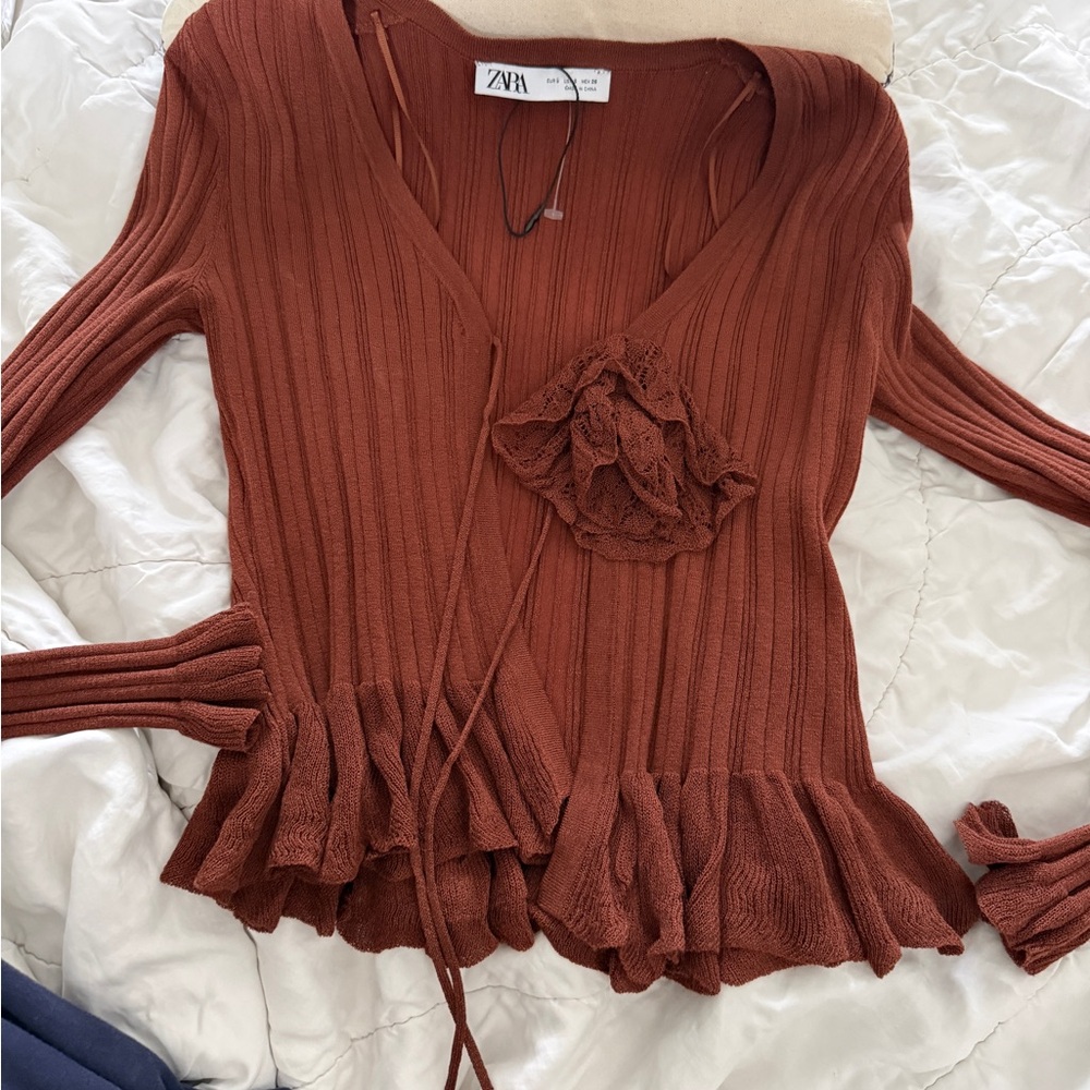 Zara Rust Brown Ribbed Knit Rosette Tie-Front Cardigan Top Size S